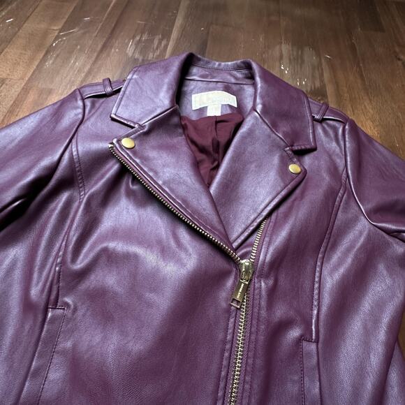 Michael Michael Kors Jacket Womens Small Burgundy Moto Faux Leather Gold Zipper - Picture 9 of 16